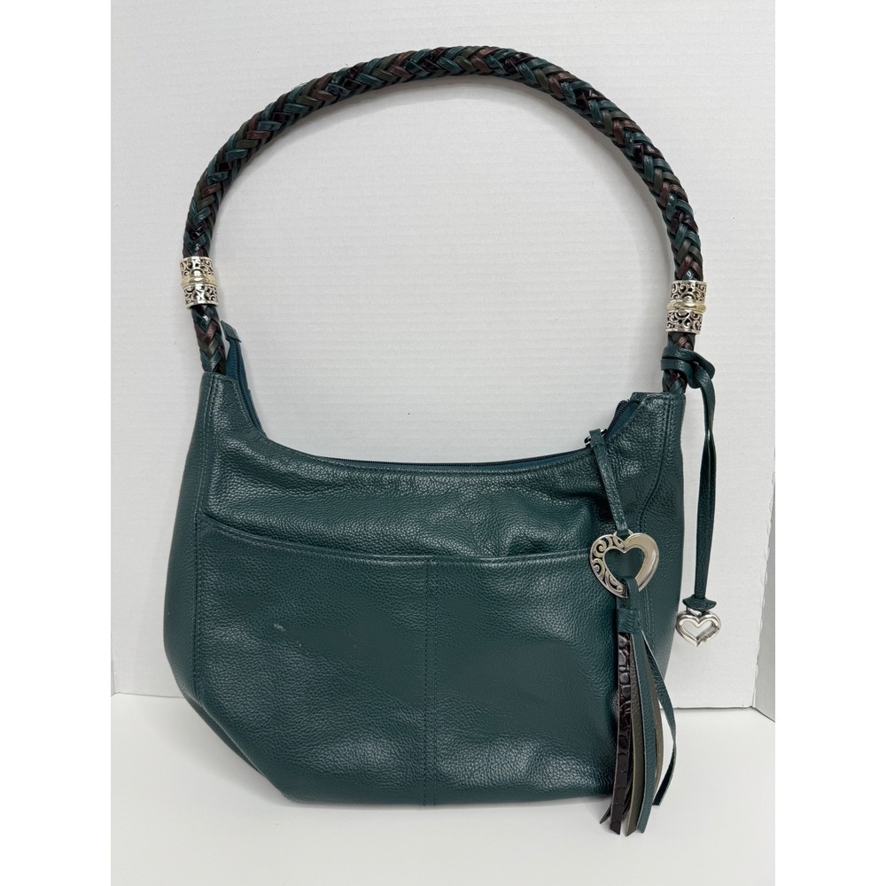 Brighton Jewel Green Barbados Pebbled Leather Braided Strap Hobo Shoulder Bag
